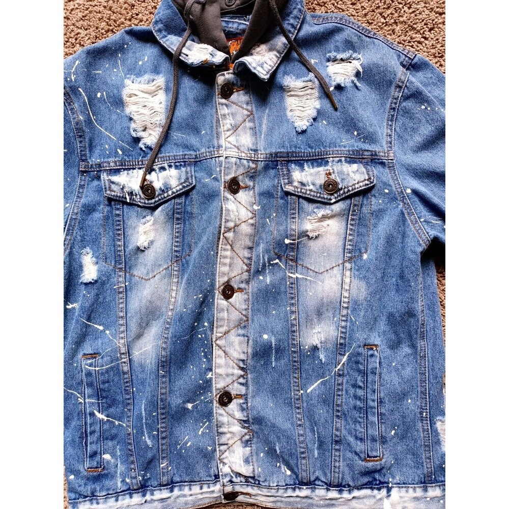 Rolling Paper Denim Jacket Men's Size XL Paint Splatter Front Pockets Hooded - Picture 2 of 10